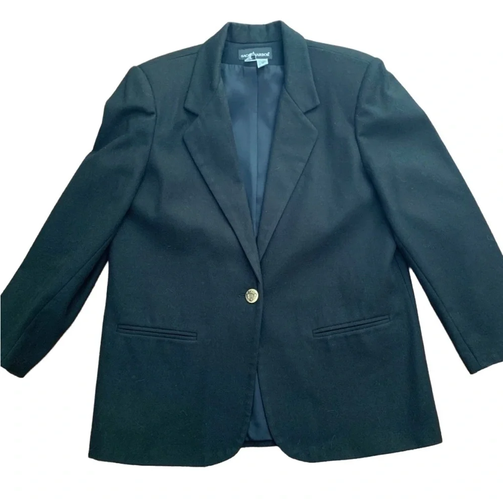 Sag Harbor Black Pure Wool Blazer Size 14 One Button Lined Y2K Vintage Shoulder